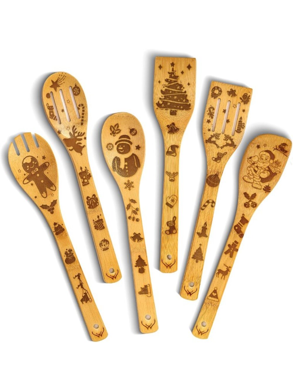 Festive Wooden Cooking Spoons Set - 6-Piece Kitchen Utensils, Heat-Resistant